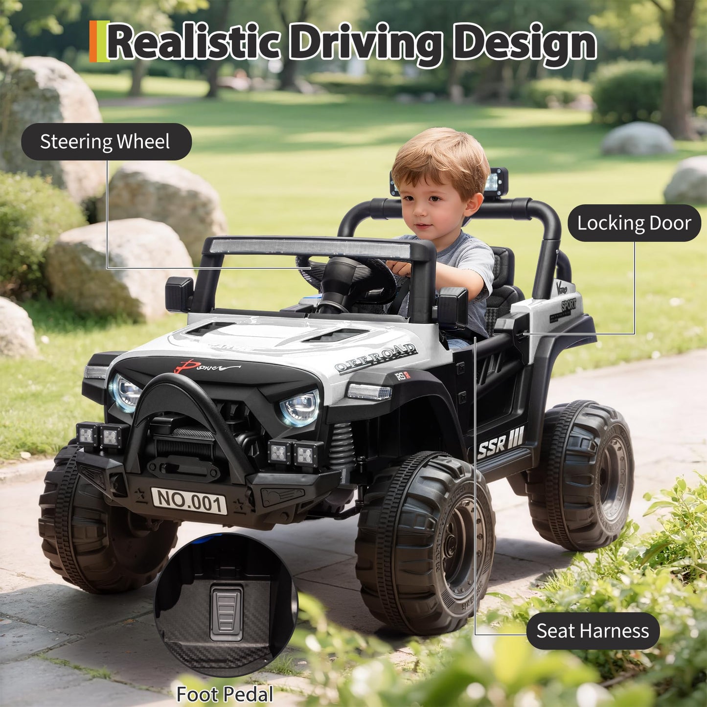 Kids Ride On Truck Car, 12V Ride On Toy Battery Powered Vehicles w/Parent Remote, Spring Suspension, Electric Car for Kids with Bluetooth Music, LED Light, Ideal Car Gift for Boys Girls, White