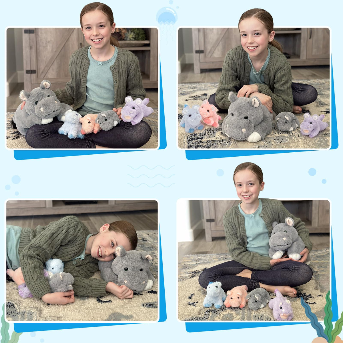 Tezituor 5Pcs Hippo Stuffed Animals Toy with Babies, 16'' Large Mommy Stuffed Hippo Plushies with 4 Cute Babies, Cute Hippopotamus Plush Body Pillow for Boys Girls
