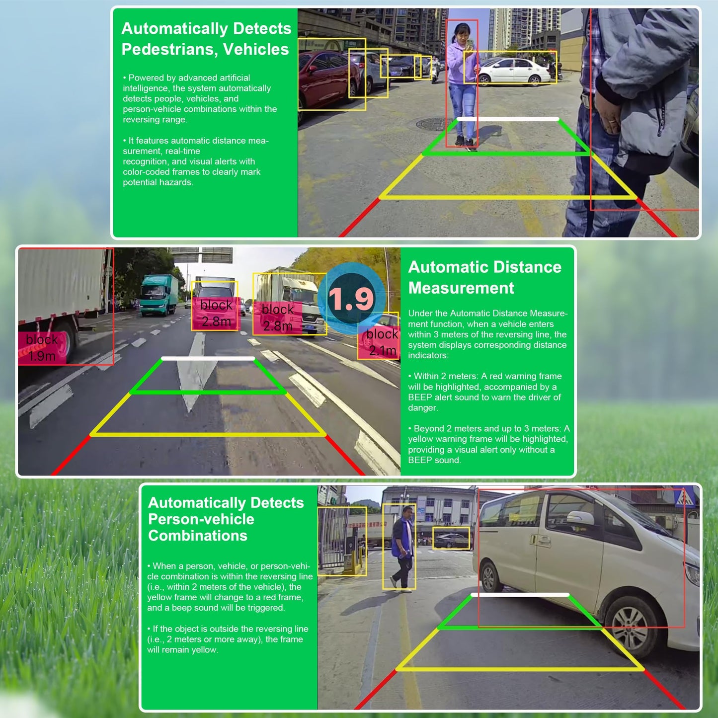 Backup AI Camera for Trucks,VAS Wire Reversing AI Camera System 7-inch 1080P HD Monitor 3 Video 2 Audio Inputs with Automatic Pedestrian&Vehicle Detection,Adjustable Reverse Guidelines