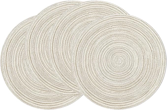 SHACOS Round Braided Placemats Set of 4 Washable Table Placemats Cotton Polyester Place Mats 15 inch Circle Table Mats for Holiday Party (Ivory, 4)