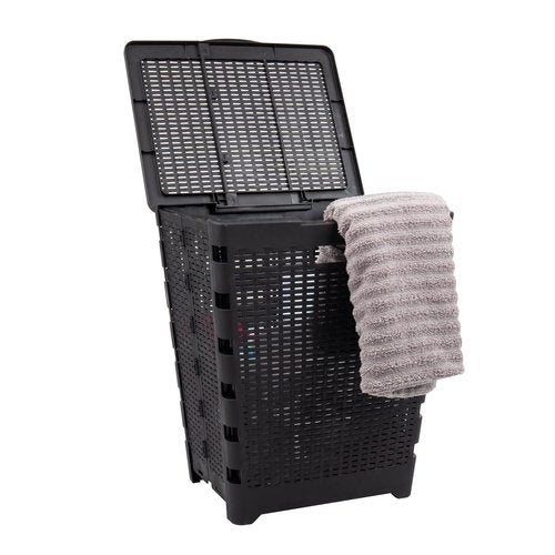 Mind Reader 61L Foldable Laundry Hamper, Clothes Basket, Lid, Wicker Design, Plastic, 18"L x 14.5"W x 21.25"H, Black