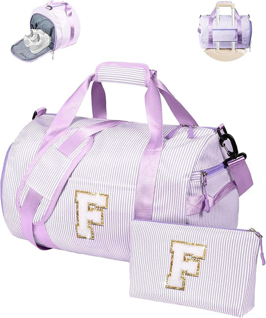 Easter Basket Essentials, Girl Gym Bag, Kids Initial Overnight Duffel Bags with Shoe Compartment, Personalized Dance Bag with Makeup Pouch, Preppy Things for Daughter (Letter F)