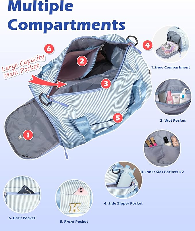 Girl's Fashion Stuff, Girl Gym Bag, Kids Initial Overnight Duffel Bags with Shoe Compartment, Personalized Travel Bag with Makeup Pouch, Gift Ideas for Niece Sister (Letter W)