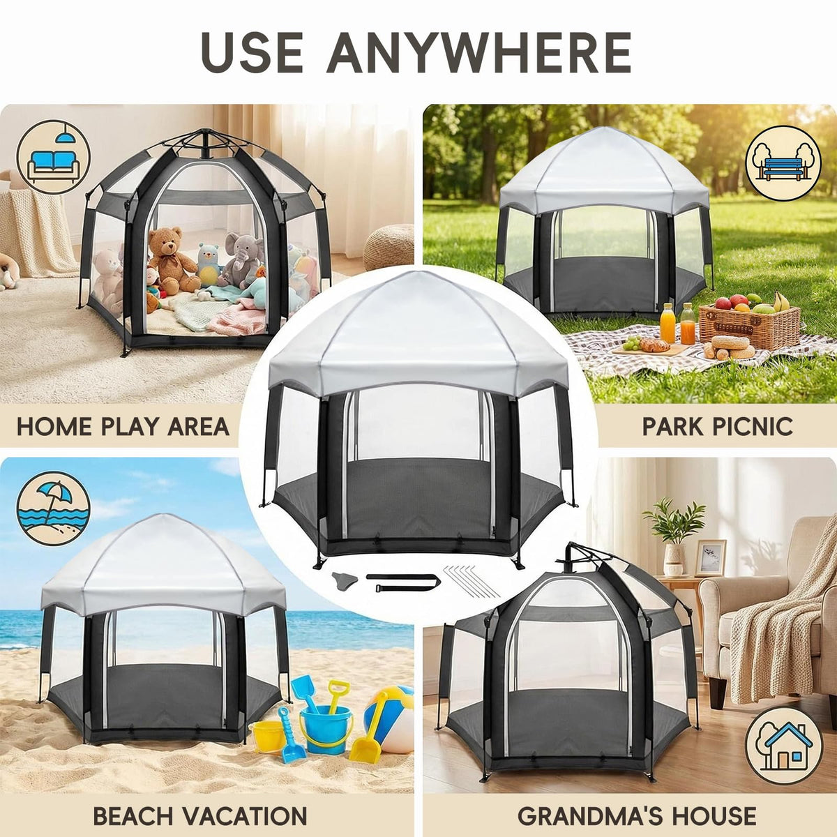 Palopalo Black Pop Up Baby Beach Tent - UPF50+ Sun Protection Canopy & Mosquito Net, Instant Setup Portable Playpen for Indoor & Outdoor Play, Lightweight Pack and Play Yard