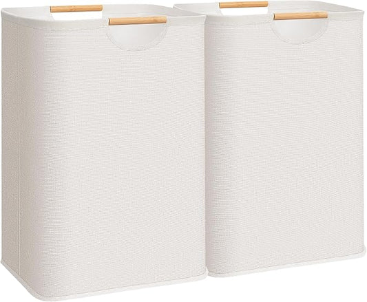 STORAGE MANIAC 2-Pack Large Laundry Hamper, 80L (21.1 Gal) Collapsible Laundry Basket with Bamboo Handles, Freestanding Waterproof Clothes Hamper for Laundry Room, Bedroom, Dorm, Towels, Beige