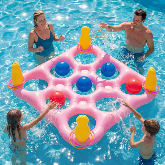 ECHTPower Tic-Tac-Toe Pool Toys Games - 2-in-1 Giant Inflatable Pool Floats with Ring Toss Set and 10 Balls, Fun Summer Party Water Beach Float Pool Game for Adults Teens Kids (Pink)