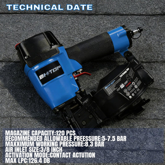 BHTOP CN45N Roofing Nailer, 15 Degree Roofing Nail Gun, 3/4-Inch to 1-3/4-Inch Coil Nails, 120-pcs Load Capacity Coil Nailer in Blue