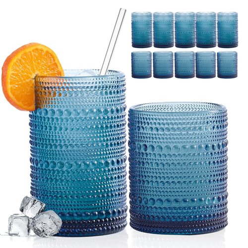 FULGNU Hobnail Drinking Glasses with Straws, 15oz&12oz Vintage Glassware Set of 12, Blue Hobnail Glassware Embossed Vintage Water Cups, Highball Glasses for Cocktail,Whiskey,Beer and Juice