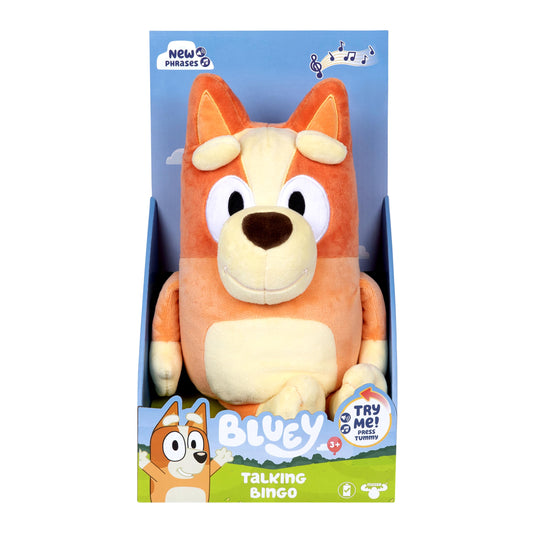 Bluey Sound Effects Talking Bingo Plush Toy, 13” Soft Bingo Toy, Interactive Stuffed Animal with 9 Different Phrases, Musical Toys for Kids