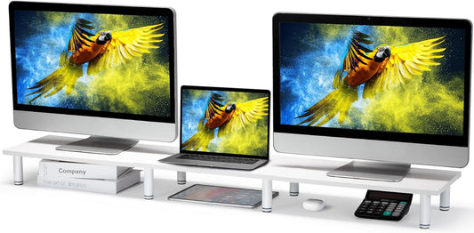 47 Inch 2 La Jaco Extra-Long Dual Monitor Stand Riser for Monitors, Desk Shelf TV Riser Blocks, Wood and Steel Desktop
