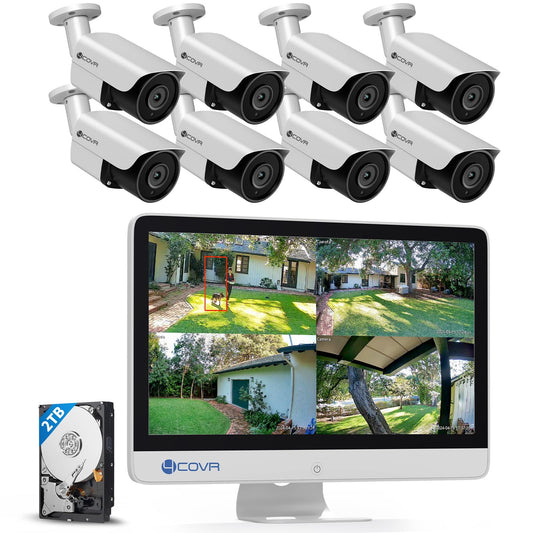 4COVR 8 Channel Security Camera System with Monitor, 8CH H.265 NVR with 2TB HDD, AI Human Vehicle Detection, 8Pcs 8MP IP67 PoE IP Bullet Camera Night Vision with Mic, 24/7 Recording, LY37EX8MU808