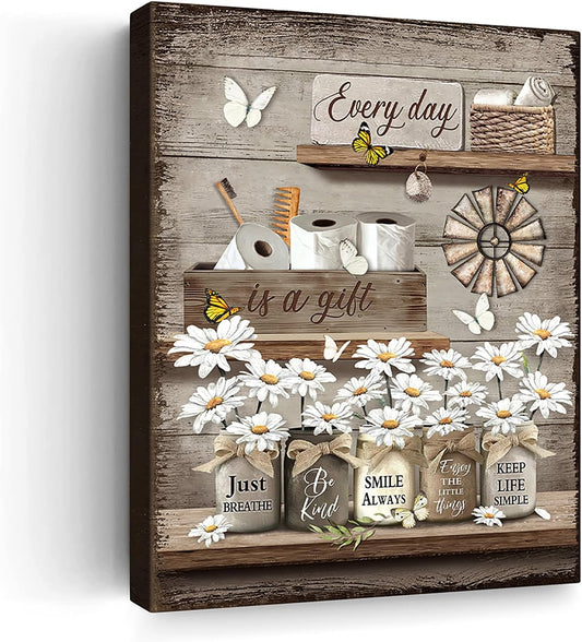 RAMEFLAO Rustic Daisy Wall Art - Vintage Canvas Print for Bathroom Decor | 16x20 Inch Ready to Hang