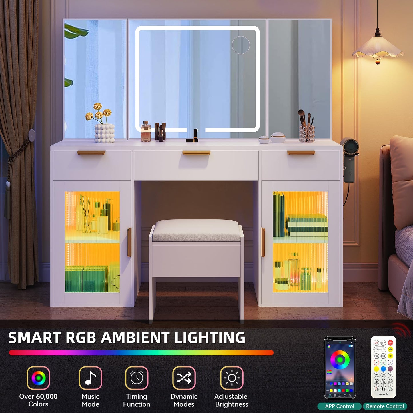 YITAHOME 56" LED Vanity Desk with Tri-Fold Mirror & Lights, RGB Glass Storage, 3 Drawers