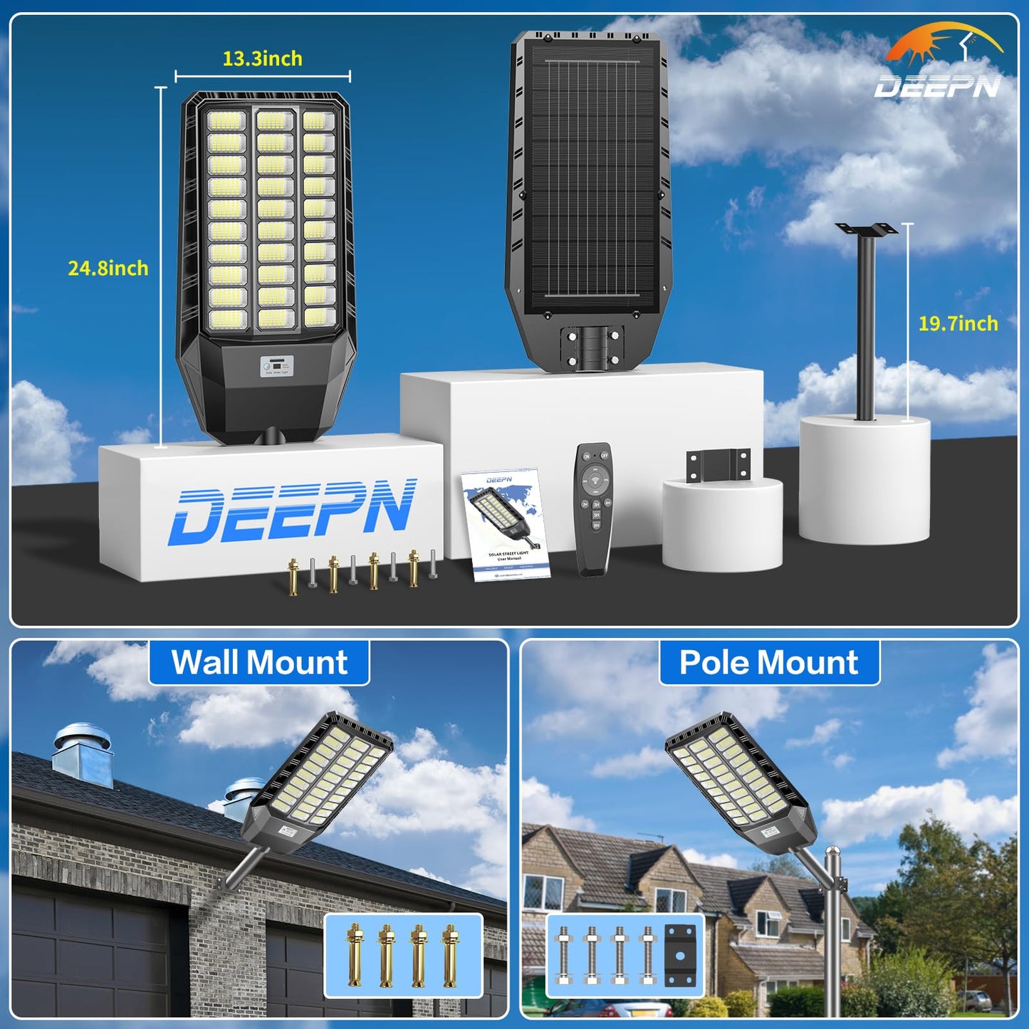 Deepn Solar Street Light, Commercial Grade Solar Lights Outdoor IP67 Waterproof, 9800W LED Flood Security Lights Motion Sensor & Dusk to Dawn Outdoor Lighting for Parking Lots, Streets & Yard, 2 Pack