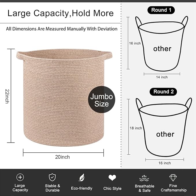 OIAHOMY 80L Laundry Hamper, Storage Basket with Handles, Laundry Basket For Toys, Pillows, Blankets,Clothes-20x18in-Brown
