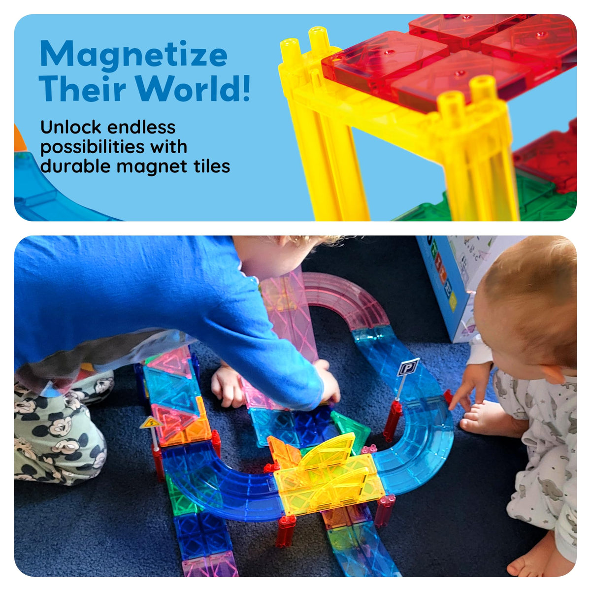 PicassoTiles Magnetic Tiles Race Track Car Thrilling Toy Playset Includes 2 Racing Trucks STEM Educational Magnet Tile Building Block Construction Set for Toddlers Boys Girls Ages 3 and Older PTR30