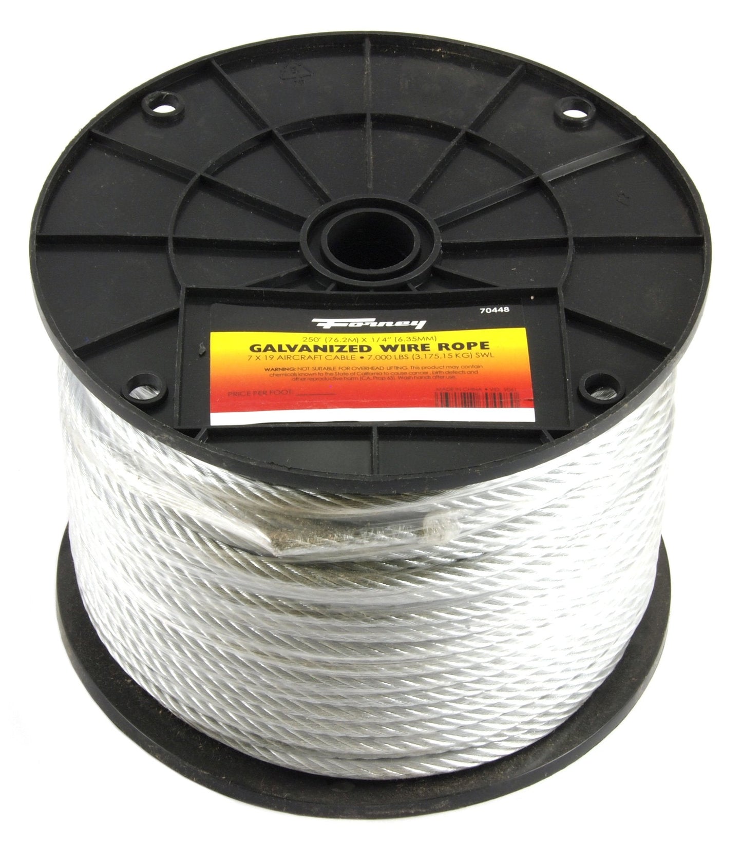 Forney 70448 Wire Rope, Galvanized Aircraft Cable, 250-Feet-by-1/4-Inch