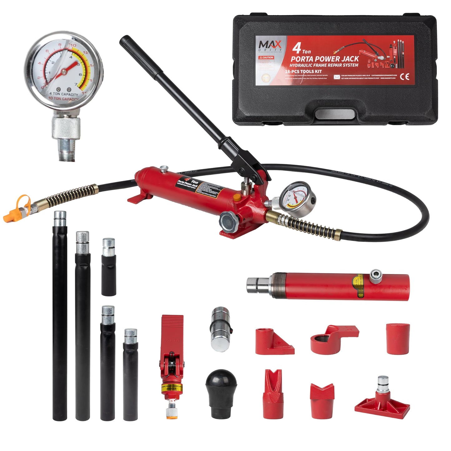 Maxority 4 Ton (8800 lbs Capacity) Porta Power Jack Hydraulic Ram Auto Body Frame Collision Repair Kit Set, 18-Pcs, with Blow Mold Carrying Case and Gauge
