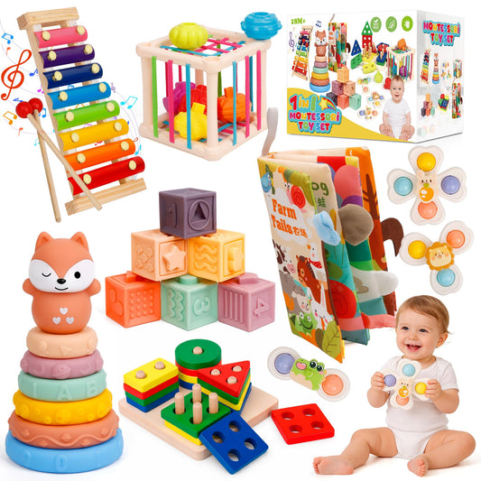 VuvuVoda Montessori Baby Toys for Toddlers 1-3, 7-in-1 Educational Activity Toy Set with Soft Cloth Book, Stacking Blocks & Learning Toys, Birthday Gifts for Boys Girls