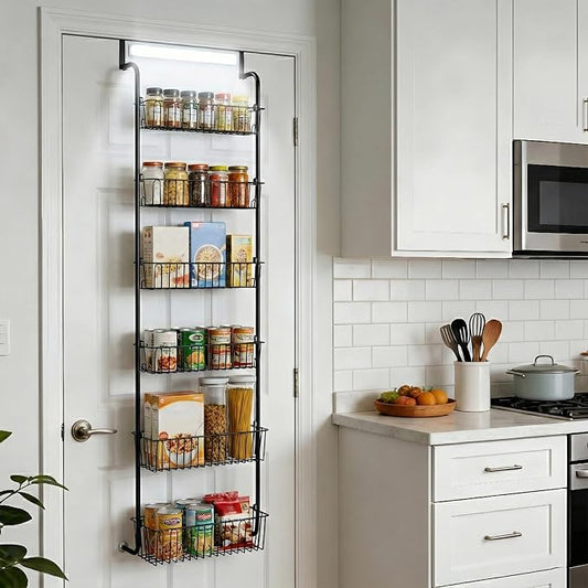 Over Door Organizer Storage - 6 Tier Black Metal Over the Door Pantry Organizer Heavy Duty Hanging Storage Rack, Behind Cabinet Shelves for Home, Kitchen, Bathroom, Closet, Pantry