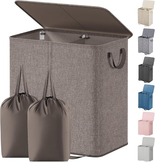 Lifewit Double Laundry Hamper with Lid and Removable Laundry Bags, Large Collapsible 2 Dividers Dirty Clothes Basket with Handles for Bedroom Laundry Room Closet Bathroom College, 136L Brown