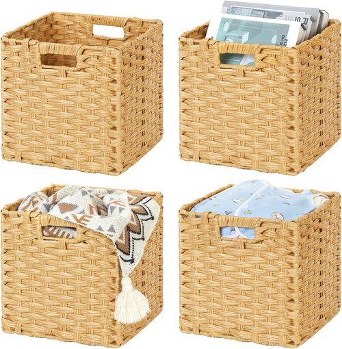 DULLEMELO Wicker Storage Cube Set - 11-Inch Baskets with Handles for Easy Organization - Natural Finish, Set of 4
