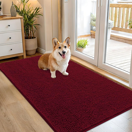 OLANLY Dog Door Mat - Absorbent Non-Slip Washable Chenille Mat for Muddy Paws | 54x32, Burgundy