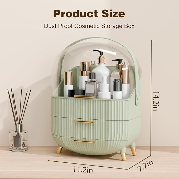 lurcns Makeup Organizers and Storage, Make up Organizer for Vanity Cosmetics Skincare Organizers With Lid and Drawers Display Cases for Countertop（Sage Green）