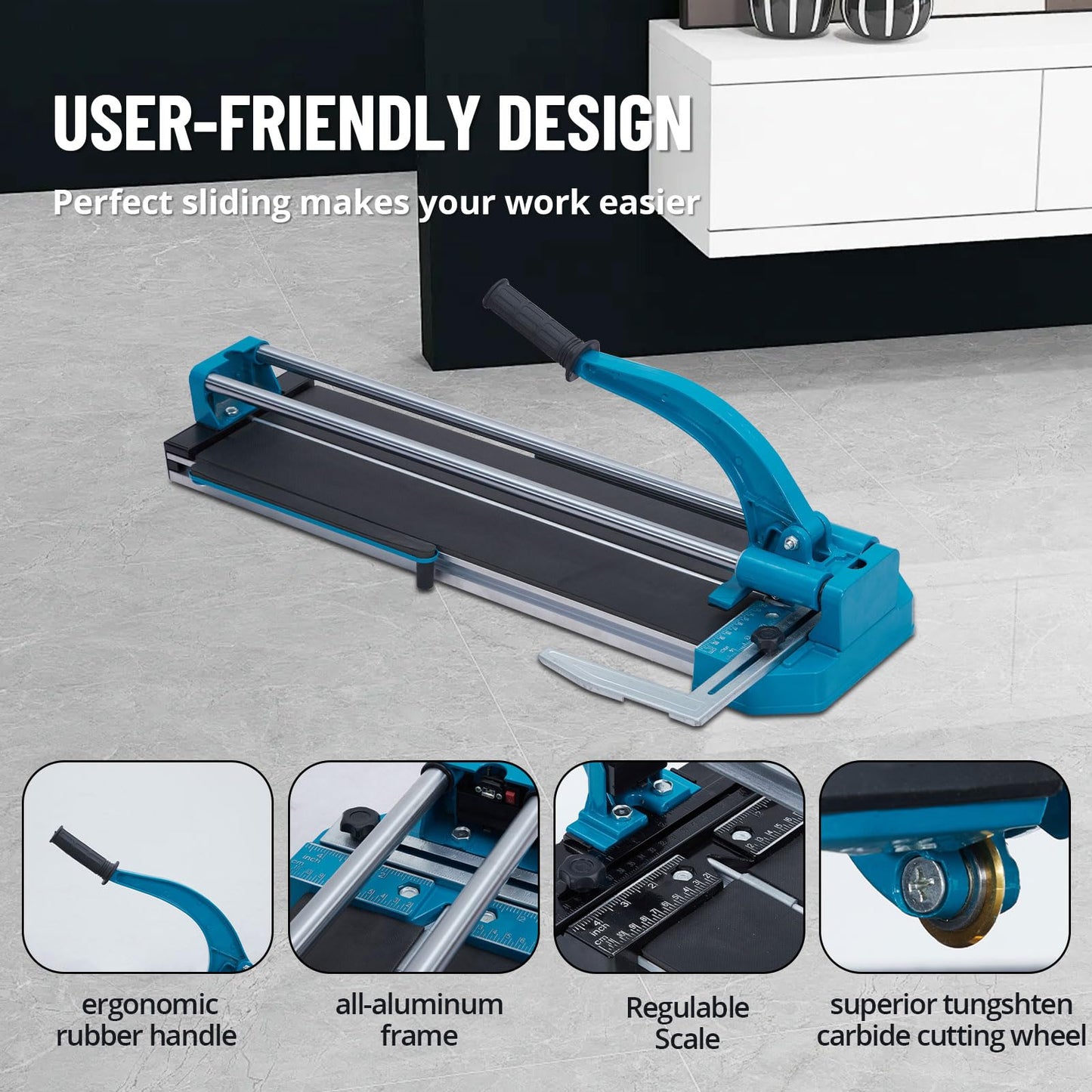 ExploreHorizon Manual Tile Cutter - 48 Inch Tungsten Carbide Cutting Wheel, Guide Accuracy, Anti-Skid Feet, Removable Scale, Precision Cutting, Double Rails