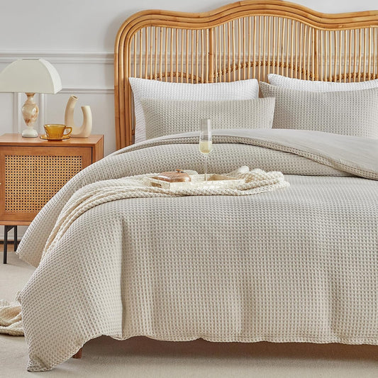 WARMDERN Waffle Weave Duvet Cover Set - Soft & Breathable Queen Size Bedding in Khaki | 3-Piece Microfiber Set