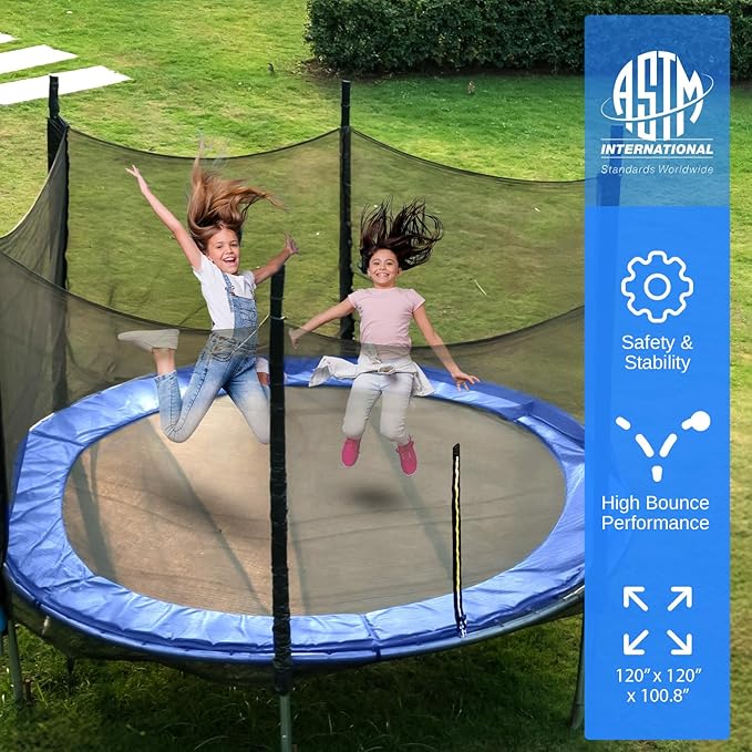 SereneLife 10FT Trampoline Outdoor – Heavy-Duty Backyard Trampoline for Kids and Adults with Wide Jumping Surface, Stable L-Shaped Legs, Safety Net, ASTM Approved, Supports 264 lbs., 120 x 100 IN