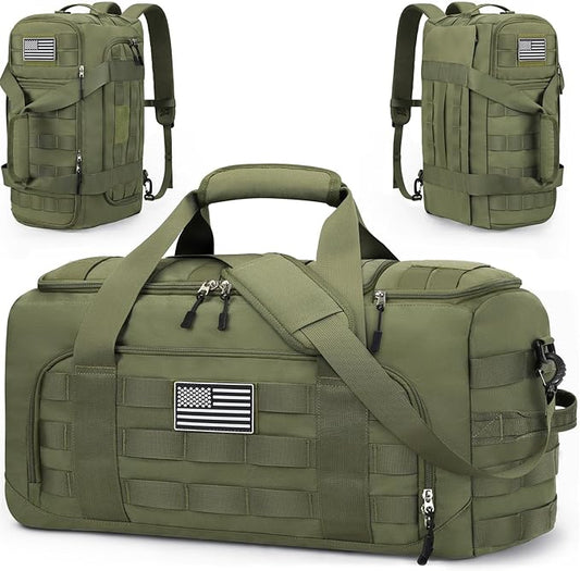 ZOMFELT Tactical Gym Bag for Men, 3-in-1 Travel Duffle Bag with Removable Dividers & Innovative Shoe Compartment, Waterproof MOLLE Travel Backpack, Airplane Carry-On Approved Workout, Outdoor, Green