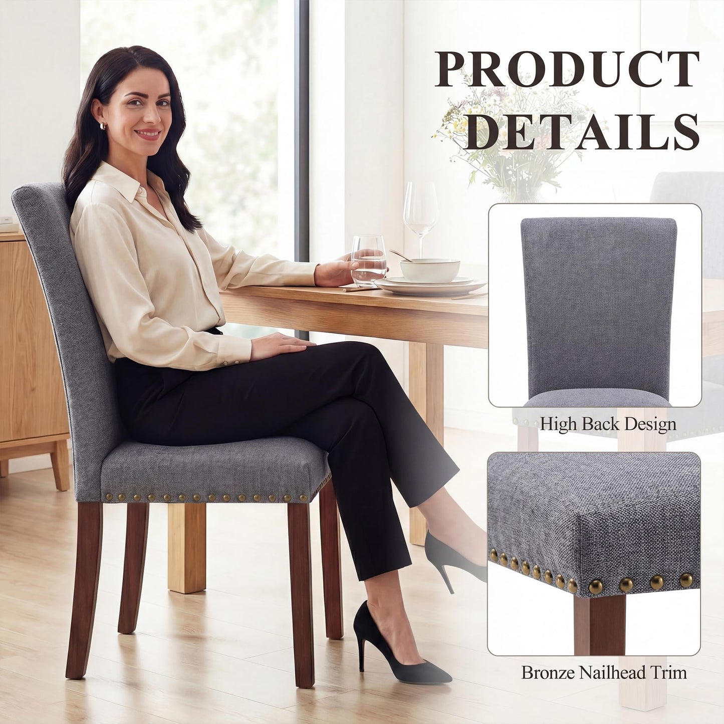 COLAMY Upholstered Parsons Dining Chairs Set of 6, Fabric Dining Room Kitchen Side Chair with Nailhead Trim and Wood Legs - Dark Grey