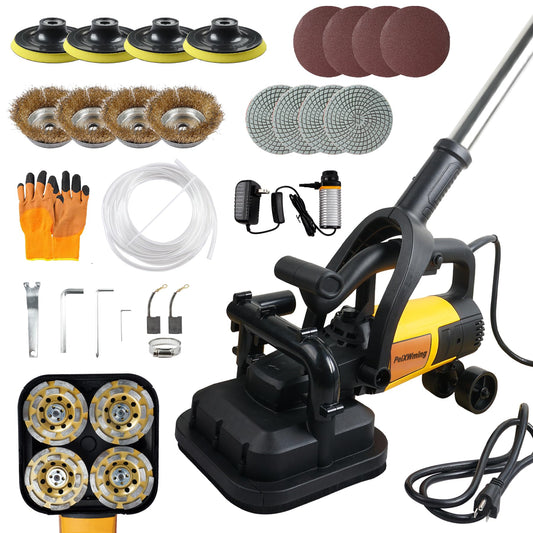 4-Head Concrete Grinder Set, 4" 3800W Concrete Floor Grinder with Long Handle, Dust Extraction Shroud & Water Pump, 6000RPM Concrete Surface Grinder Machine for Grinding Concrete Marble Granite