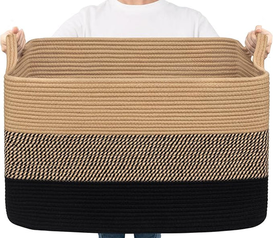 Goodpick Large Woven Blanket Basket 23.6" x 15.7" x 13.8" Cotton Rope Storage Organizer for Dirty Clothes Pillows Toys, Rectangle Wicker Laundry Basket with Handles, Black & Jute Mix