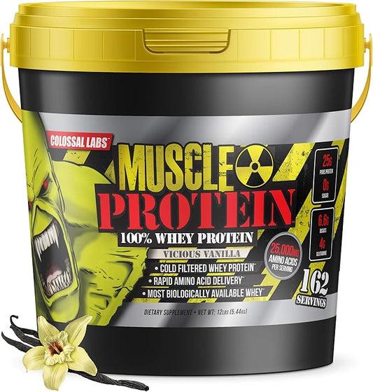 Muscle Whey Protein Flavored Protein Powder, 25,000mg Amino Acids/Serving, Cold Filtered(Packaging May Vary) (12 Pound (Bucket), Vanilla)