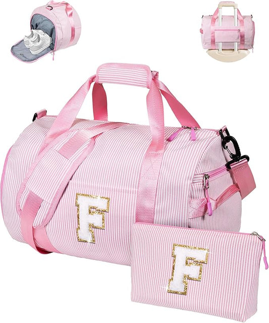 Easter Basket Essentials, Girl Gym Bag, Kids Initial Overnight Duffel Bags with Shoe Compartment, Personalized Travel Bag with Makeup Pouch, Teen Girls Gift Trendy Stuff (Letter F)