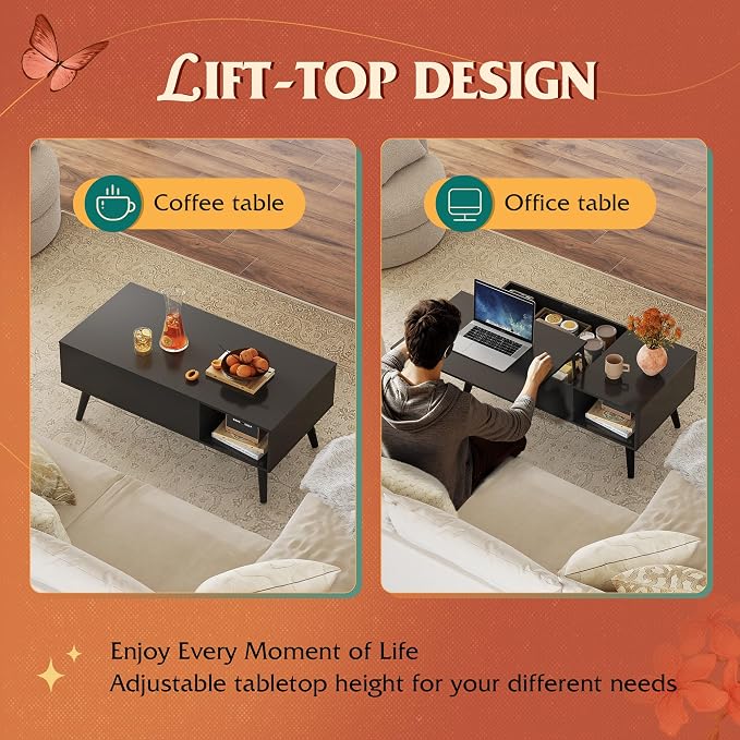 WLIVE Coffee Table for Living Room, Lift Top Coffee Table with Storage, Small Rising Wooden Dining Center Table with Storage Shelf & Hidden Compartment, 39" Black