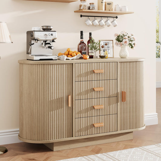 47" Fluted Sideboard Buffet Cabinet, Modern 60" Buffet Table with 4 Drawers and 2 Arched Sliding Doors, Coffee Bar Storage Console Cabinet, Accent Table for Dining Living Room, Hallway- Natural Oak