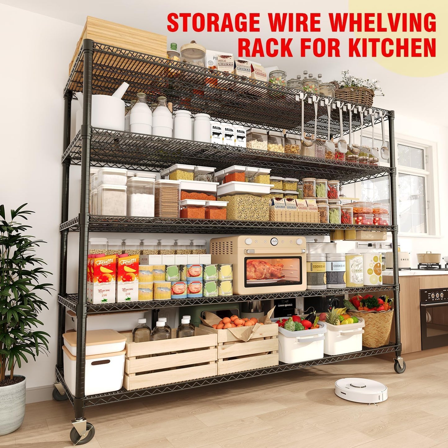 GarveeTech 5-Tier Wire Storage Shelves with Wheels, 3300LBS Heavy Duty Metal Shelving Unit with Adjustable Storage Shelves for Home, Pantry & Warehouse, Easy Assembly, 82.6" H x 59W x 23.6" D