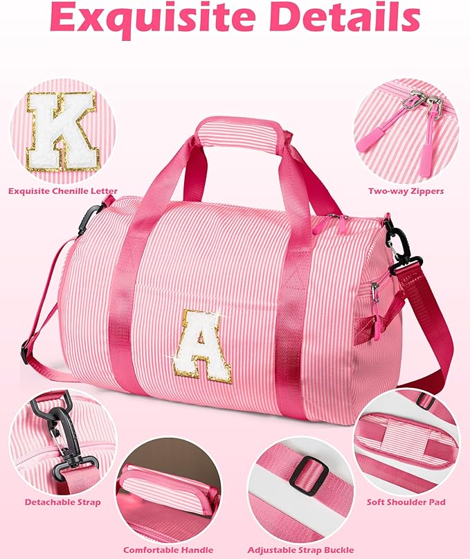 Teen Girls Gifts Trendy Stuff, Girl Gym Bag, Kids Initial Overnight Duffel Bags with Shoe Compartment, Personalized Travel Bag with Makeup Pouch, Pink Gift for Daughter Niece (Letter C)