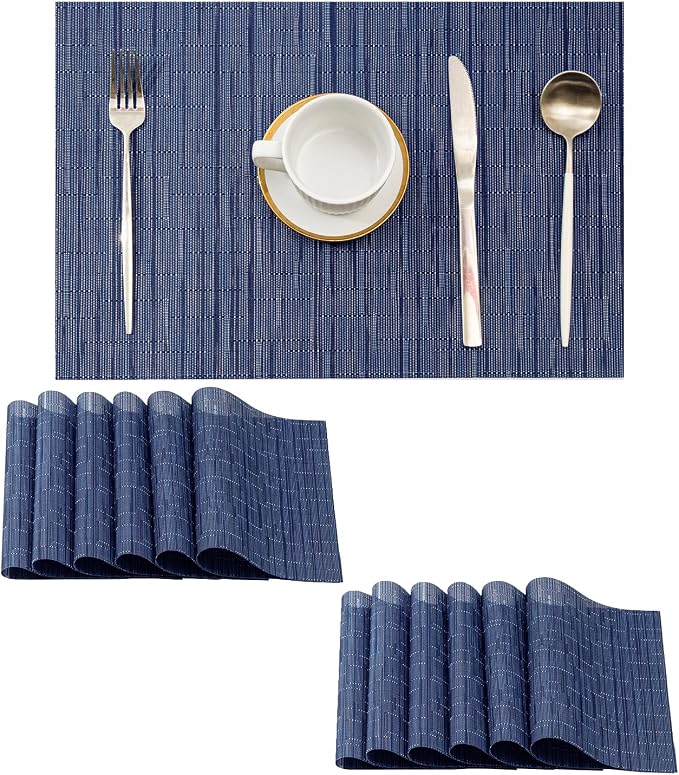 Leetaltree Blue Placemats Set of 12 - Heat Resistant Non-Slip Place mats for Dining Table, Washable Durable PVC Vinyl Woven Table Matsï¼Blue, 12ï¼