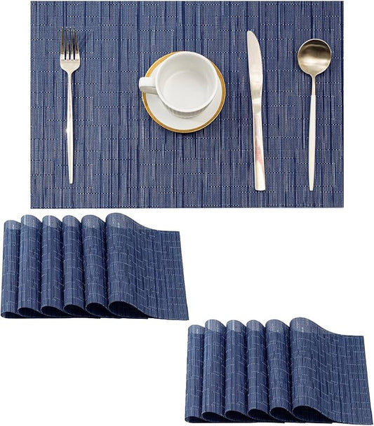 Leetaltree Blue Placemats Set of 12 - Heat Resistant Non-Slip Place mats for Dining Table, Washable Durable PVC Vinyl Woven Table Matsï¼Blue, 12ï¼