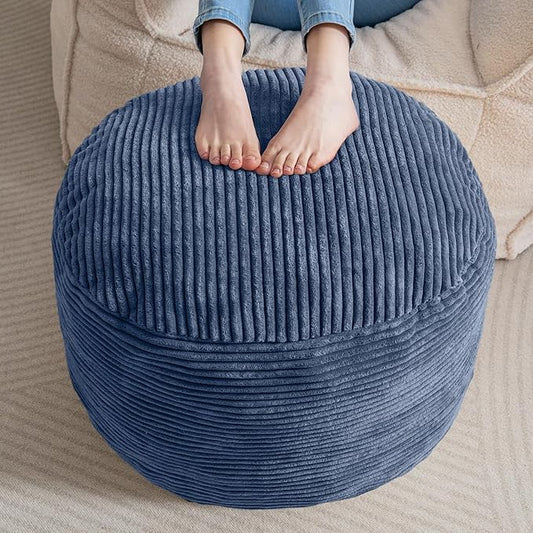 HIGOGOGO Round Stuffed Pouf Ottoman, Corduroy Poufs with Foam Chunk Filling, Furry and Fluffy Pouf Foot Stool Storage Ottoman, 26 X 18 Floor Poufs Foot Rest for Living Room, Bluestone