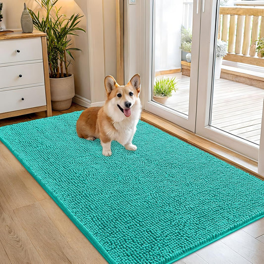 OLANLY Dog Door Mat - Absorbent Non-Slip Washable Doormat for Muddy Paws | Quick Dry Chenille 54x32, Teal