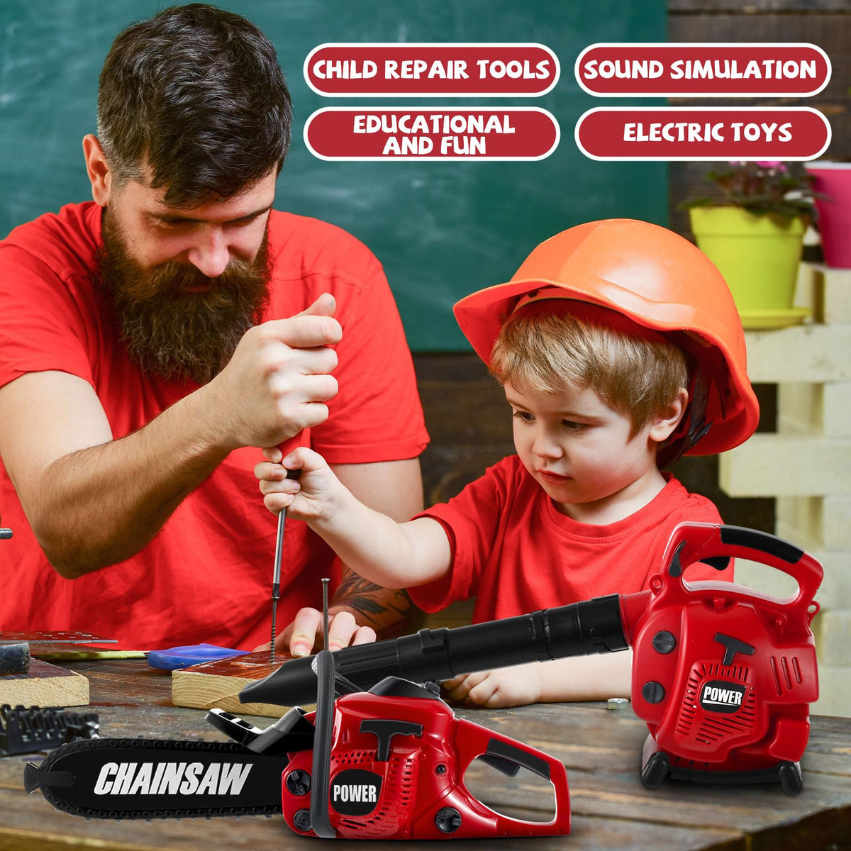 Arrowbash 3-in-1 Kids Gardening Toy Set, Toy Leaf Blower & Chainsaw & Kids Hedge Trimmer with Realistic Sound, Outdoor Backyard Play Educational Learning Birthday Summer Gift for 3-8 Boys Girls