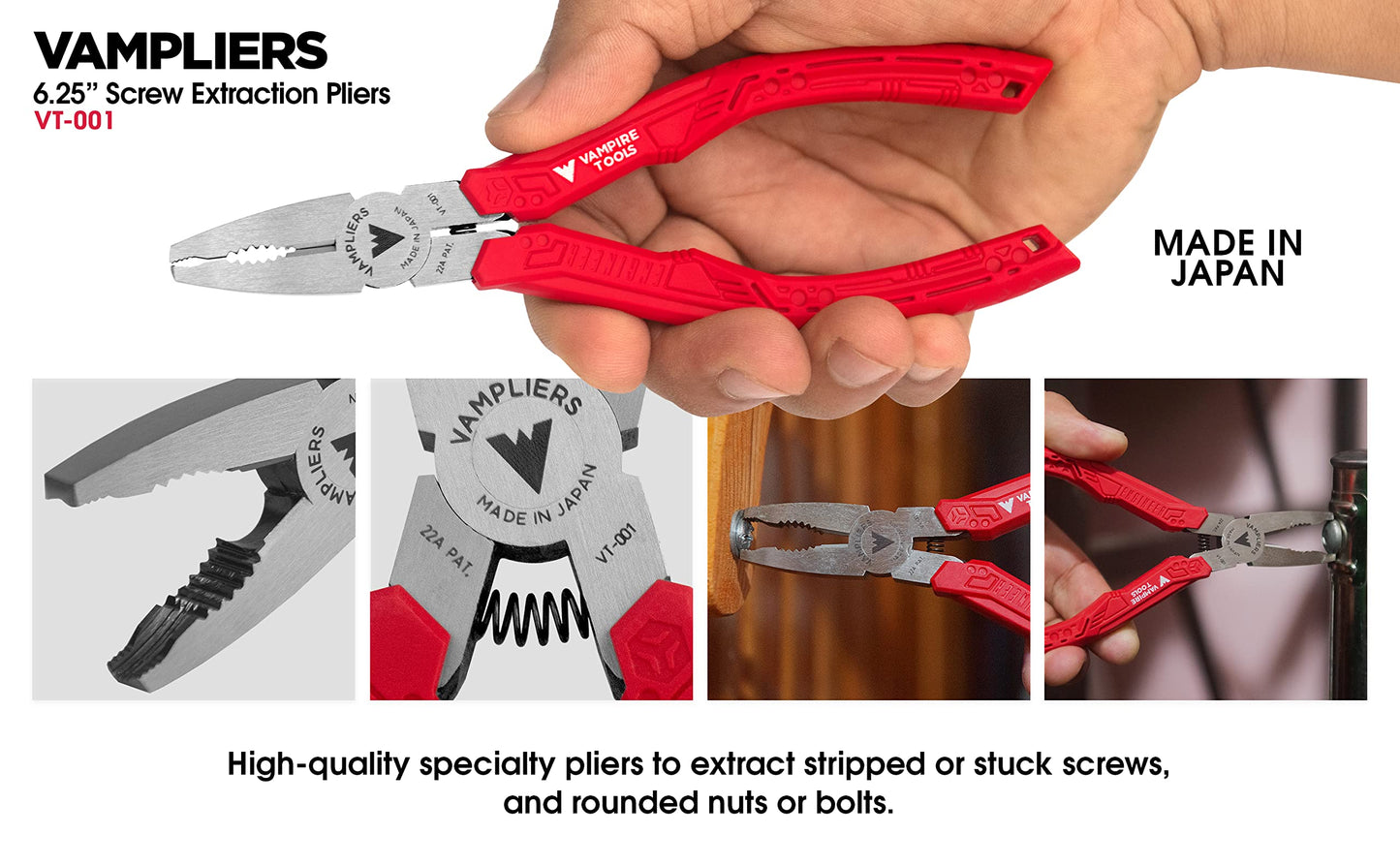 VAMPLIERS 4-PC Screw Extractor Pliers Set Made in Japan: 8" Linesman, 7.5" Long Nose, 6.25" Combination, 5" ESD Safe Mini Plier + Tool Pouch. Remove any Stripped/Damaged/Rusted Screws.