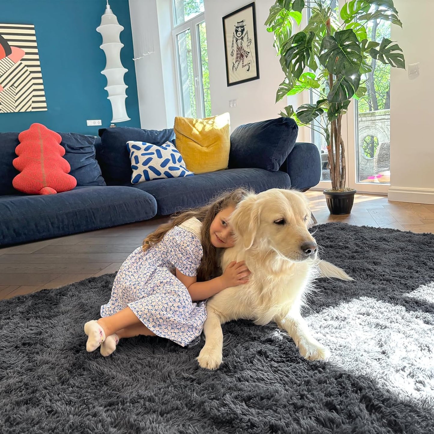 OLANLY 5x5 Area Rug - Soft, Fluffy Shaggy Design for Living Room & Bedroom | Machine Washable Grey Carpet