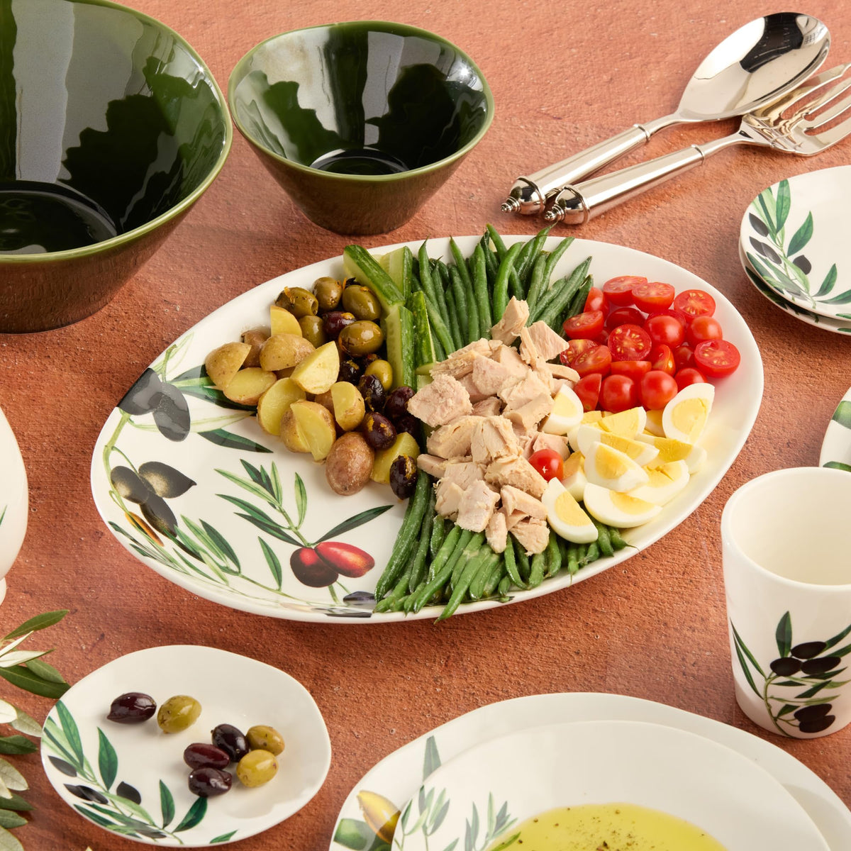 Olivia 16-Inch x 12-Inch Stoneware Oval Platter - Mediterranean Olive Branch Design with Vibrant Green and Earthy Tones, Perfect for Serving Appetizers and Main Courses