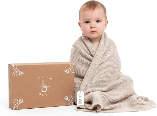 Organic Cotton Baby Blanket by [Brand Name] - Soft Knitted Swaddle for Newborns | Gift Box Included, 30"x40", Stone